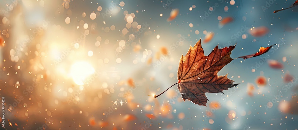 Poster autumnal atmosphere with a sunlit sky showing a solitary dry maple leaf drifting in the air offering