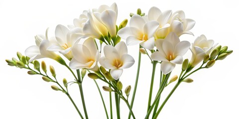 Delicate white freesia flowers with slender stems and subtle fragrance isolated on a pure white background, showcasing their elegant simplicity and beauty.