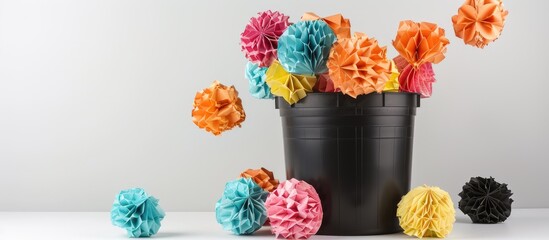 Studio shot of diverse paper balls surrounding a black recycling bin against a white backdrop with soft lighting featuring copy space image