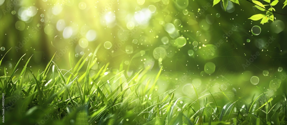 Fototapete Spring grass in vibrant green hues with sunlight filtering through providing space for text or images amid a softly blurred natural backdrop for banners. Creative banner. Copyspace image