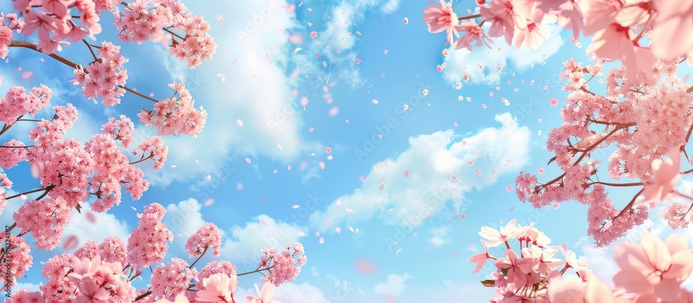 Aufkleber cherry blossom branches and flowers in spring against a blue sky with clouds create a serene natural