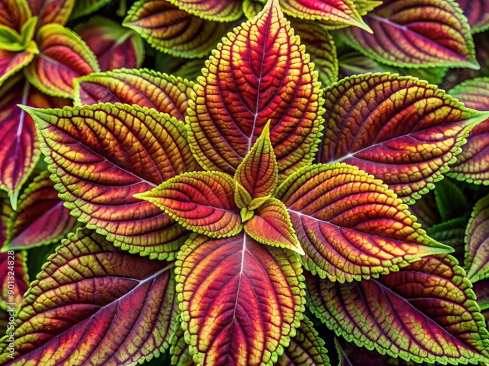 Poster vibrant coleus plant with stunning, multicolored leaves arranged in a mesmerizing pattern, creating 