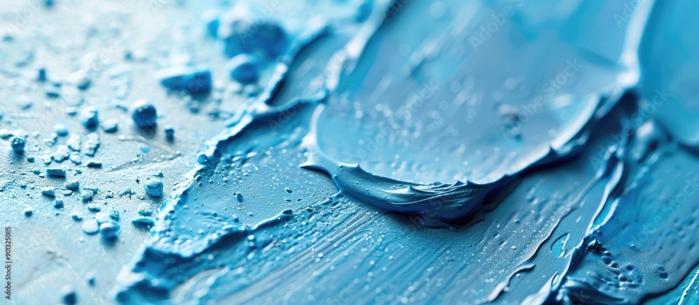 Aufkleber blue color in a creamy texture on a trendy cosmetic background with selective focus for a macro copy