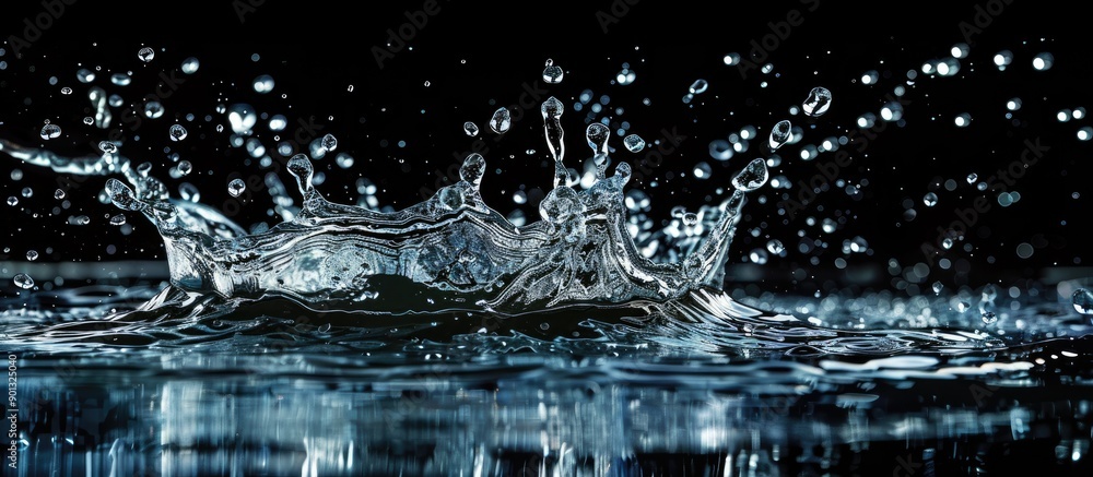 Poster close up water splash with motion on black background offering free copy space image with selective 