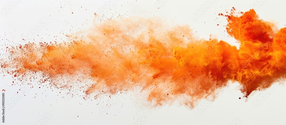 Poster capture the moment of orange powder burst on a white backdrop in a freeze frame leaving room for add