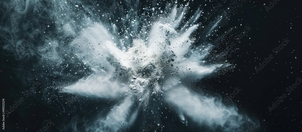 Poster Capture the stillness of a white powder burst against a dark background resembling an abstract white dust cloud suitable as a screensaver or wallpaper that includes copy space image representing a pl