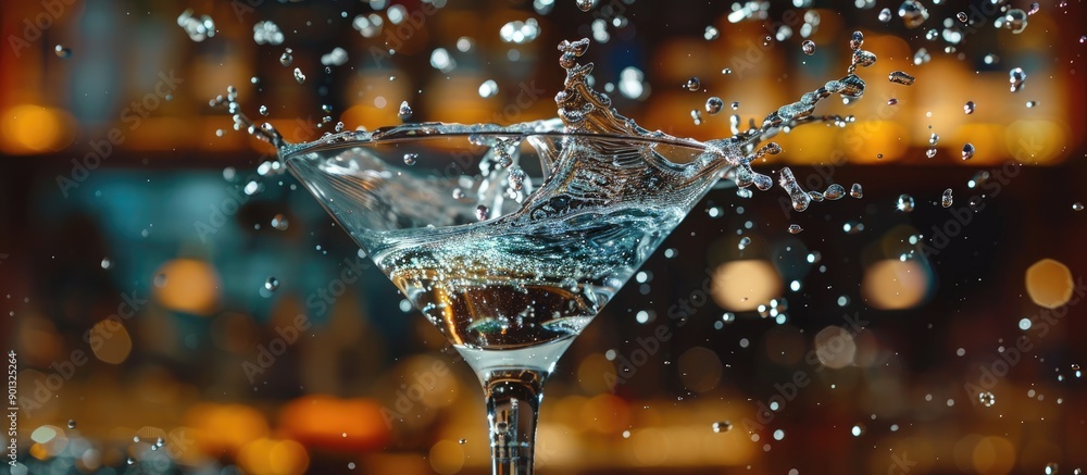 Poster Capture a still shot of a martini drink splashing in a bar setting with room for text in the image. Creative banner. Copyspace image