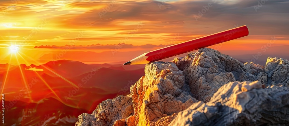 Aufkleber business success concept symbolized by a red pencil resembling a dart on a rocky mountain against a 