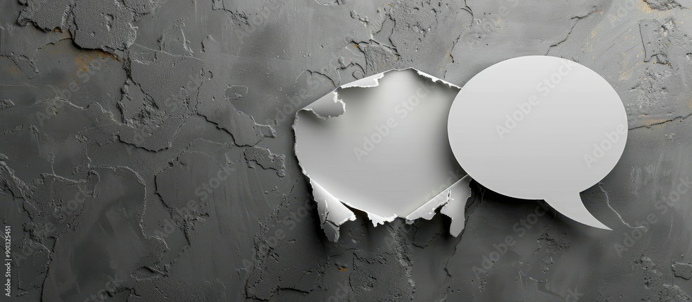 Poster Grey background with paper tearing and speech bubble illustrating a dialogue concept in a copy space image