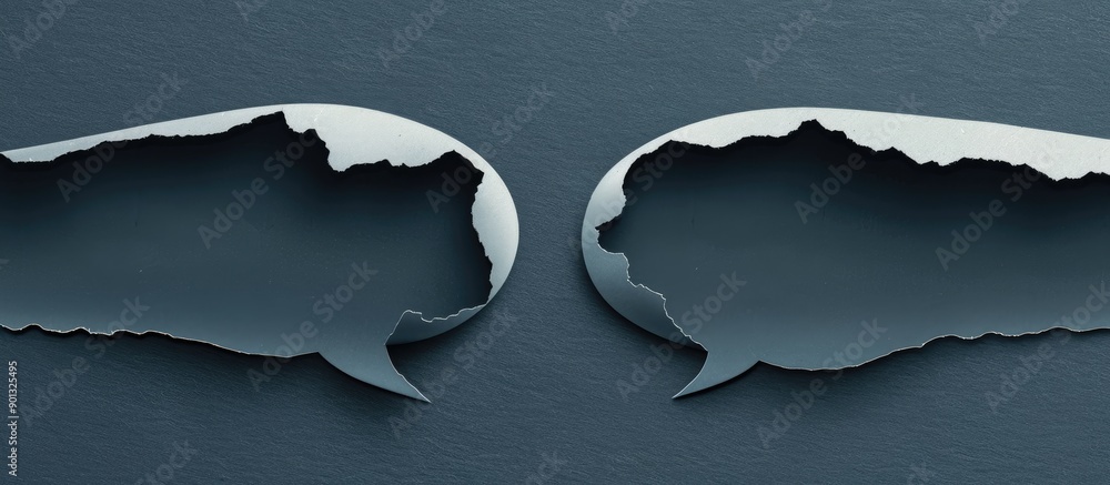 Poster Grey background with paper tearing and speech bubble illustrating a dialogue concept in a copy space image