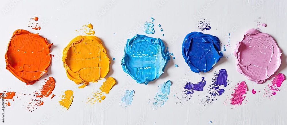 Poster Colorful Gouache paints from a top view on a white background with copy space image