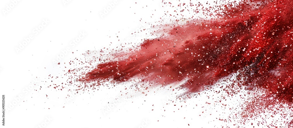 Poster red glitter powder exploding with copy space image against a white backdrop