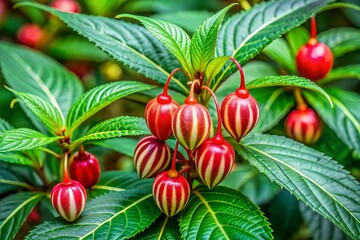 Obraz premium Vibrant Impatiens balsamina fruit pods bursting with seeds resemble miniature striped peppermint sticks, adding a pop of delicate color to the lush green foliage surroundings.