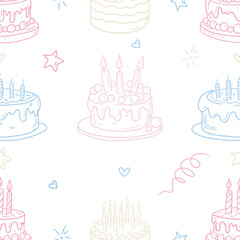 Seamless pattern with pastel colors birthday cakes in pink, blue, orange colors on white background. Hand drawn vector sketch illustration in doodle engraved vintage line art style. Happy birthday