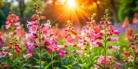 Obraz premium Vibrant penstemon flowers bloom in a lush garden, their trumpet-shaped petals radiating warmth as golden sunshine rays filter through, casting a serene natural ambiance.