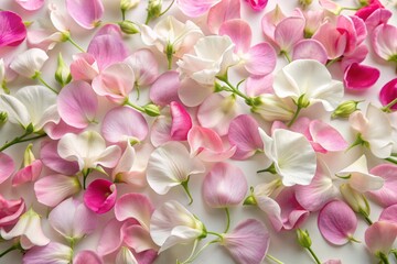 Delicate pink and white sweet pea petals scatter freely, gently floating on a pure white background, capturing the essence of nature's fleeting beauty.