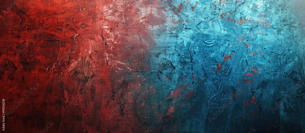 Poster blue and red grunge color texture on an aged scratched surface suitable for a copy space image
