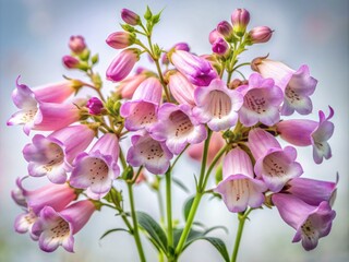 Delicate trumpet-shaped Penstemon blossoms in shades of light pink and purple isolated on a transparent background, showcasing intricate details and soft petals.