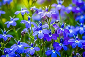 Delicate, vibrant blue Lobelia erinus flowers with white centers and slender stems contrast against lush green foliage in a serene garden setting.