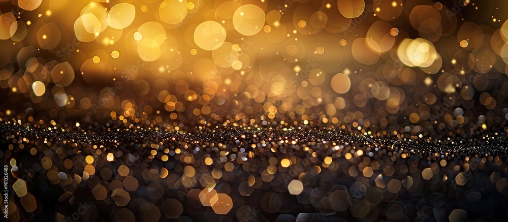 Poster close up view of blurred golden sparkles on a black backdrop ideal for festive backgrounds or projec