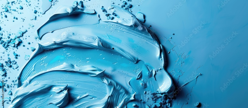 Poster blue color in a creamy texture on a trendy cosmetic background with selective focus for a macro copy