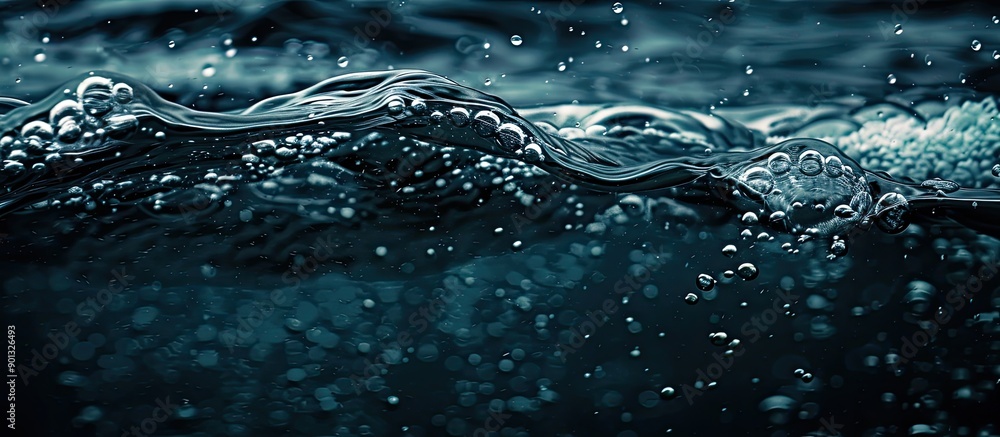Fototapete Abstract background of a dark water surface featuring waves ripples and bubbles ideal for adding text or images. Creative banner. Copyspace image