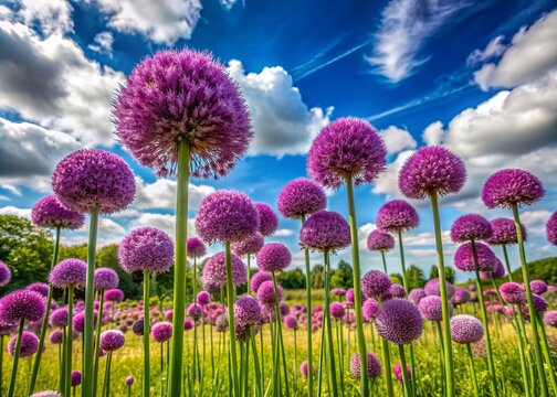 Vibrant purple Giant Alliums bloom in a lush green meadow, swaying gently in the breeze, against a soft blue sky with scattered white clouds in Gloucester, England.