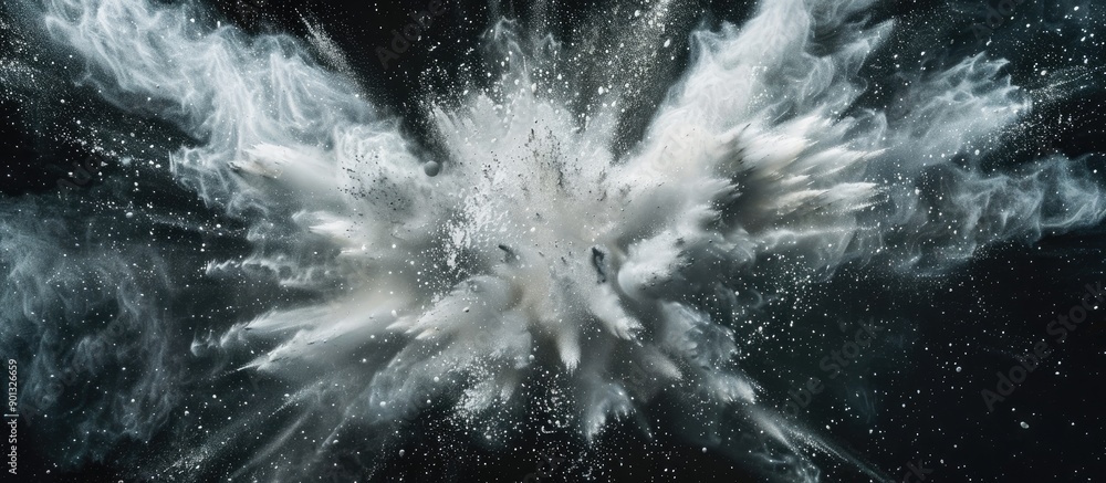 Poster Capture the stillness of a white powder burst against a dark background resembling an abstract white dust cloud suitable as a screensaver or wallpaper that includes copy space image representing a pl