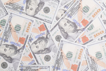 Background of US dollar bills. Top view. American vintage money cash, hundred dollar bills. Texture US dollars