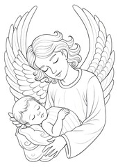 Naklejka premium Coloring Sheet: Guardian Angel with Sleeping Infant