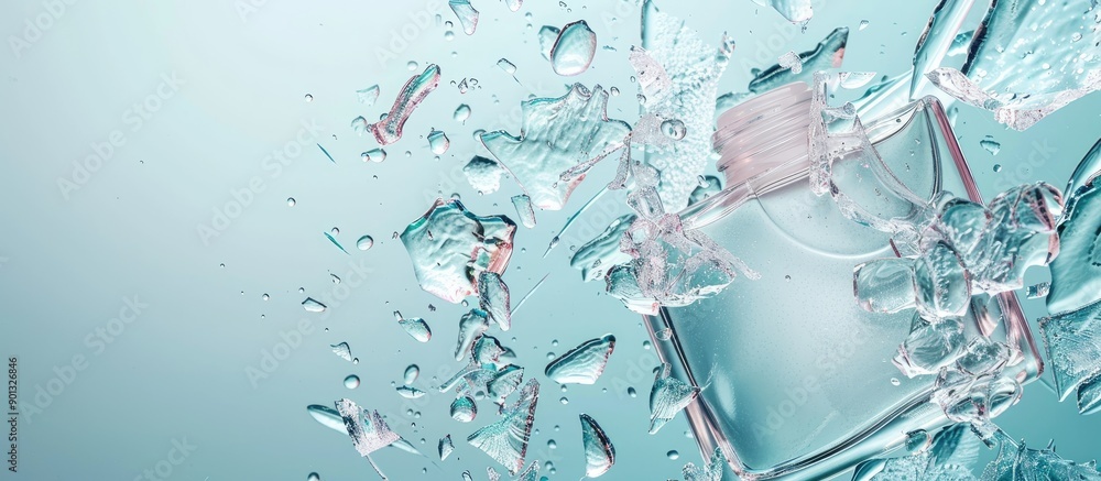 Poster clear liquid cosmetic product smeared on a broken glass surface top view with a copy space image com