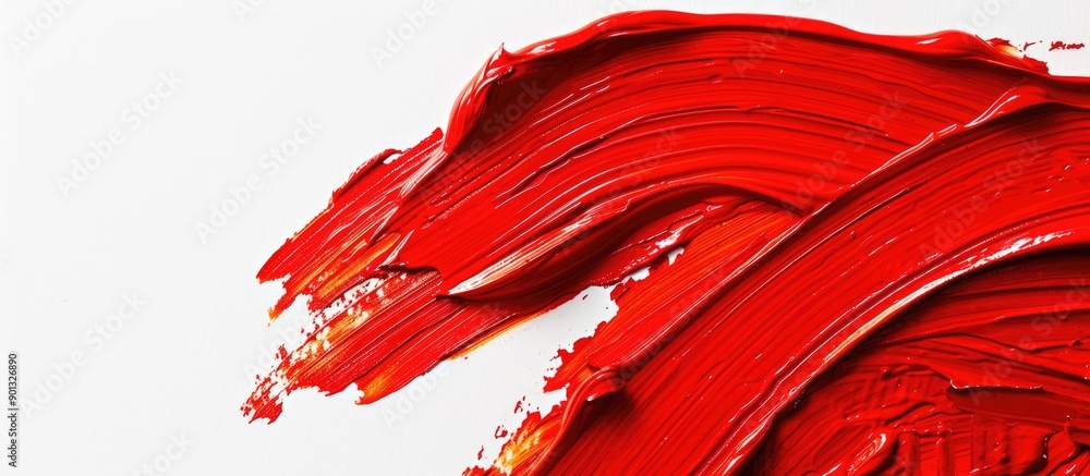 Fototapete Close up of a vibrant red paint stroke against a white backdrop with empty space for text or design in the image. Creative banner. Copyspace image