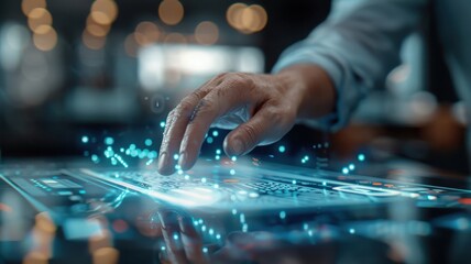 A hand interacting with a holographic podium interface, activating glowing symbols.