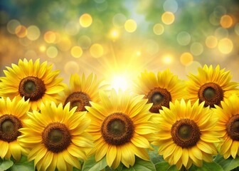 Obraz premium Vibrant yellow sunflowers with delicate petals and dark centers stand tall in a neatly arranged border, exuding uncluttered elegance against a soft, serene background.