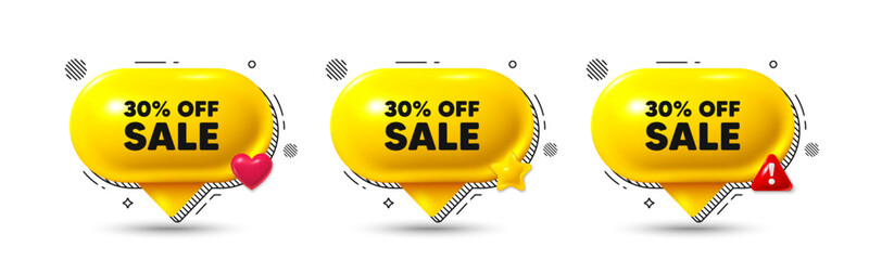 Chat speech bubble 3d icons. Sale 30 percent off discount. Promotion price offer sign. Retail badge symbol. Sale chat offer. Speech bubble banners. Text box balloon. Vector