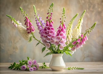 Fototapeta premium Delicate lilac foxglove flowers fill a white vase, set against a soft, creamy background, adding a touch of elegance to a serene interior home decor.