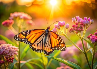 Obraz premium Vibrant monarch butterfly perches on delicate pink milkweed flowers, illuminated by warm morning sunlight, showcasing intricate wings and gentle beauty in serene nature scene.
