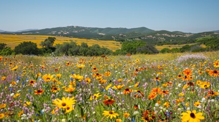 Wildflower Meadows, Expansive fields of wildflowers in full bloom, symbolizing the beauty and importance of natural pollinators