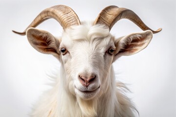 Fototapeta premium Adorable goat with curved horns and fluffy white fur gazes directly at camera, set against a clean and minimalist white studio background.
