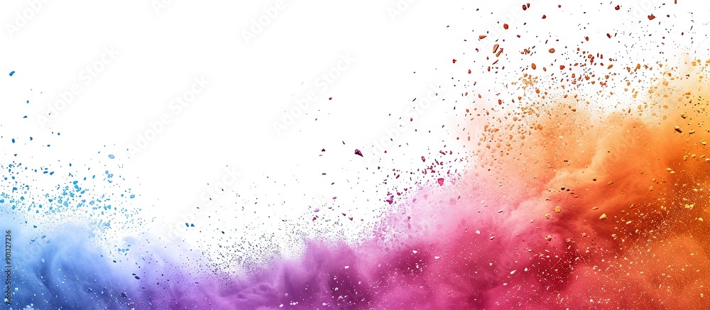 Poster Colorful powder exploding on a white backdrop freezing the motion featuring a glittery multicolored texture with copy space image
