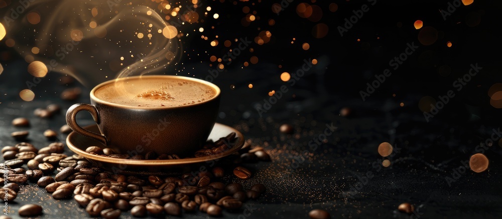 Aufkleber sparkling coffee concept background with coffee cup beans and bright light on black rustic vintage t
