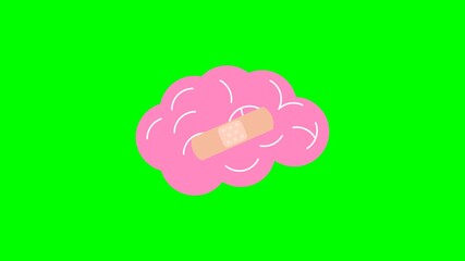Fabric medical bandage falls on top of the brain. Silhouette of a human brain in pink. Side view. Getting rid of bad thoughts, and mental and psychological hygiene. 2d flat animation. Alpha channel