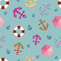 Simple nautical seamless pattern. Cute anchors and lifebuoys simple grid on blue background. Summer sailing beach print repeat design. Nautical travel motifs blender seamless pattern.