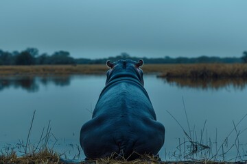 Obraz premium Hippopotamus seated on the pool's edge, facing away