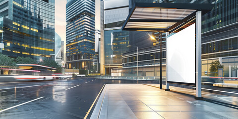 Fototapeta premium high-quality image featuring an empty poster mockup displayed at a bus stop in a bustling modern city.