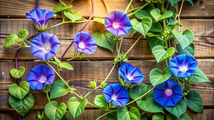 Delicate morning-glory vine with blue-violet trumpeted flowers and heart-shaped leaves entwines a rustic wooden trellis, creating a romantic and whimsical outdoor setting.