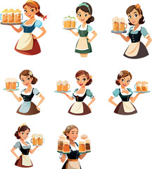 Beautiful waitresses holding beer glasses on trays at oktoberfest