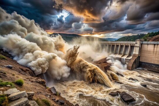 Dramatic image of a massive concrete dam destruction, water gushing out, surrounded by debris and wreckage, after a devastating missile impact, amidst a cloudy sky.