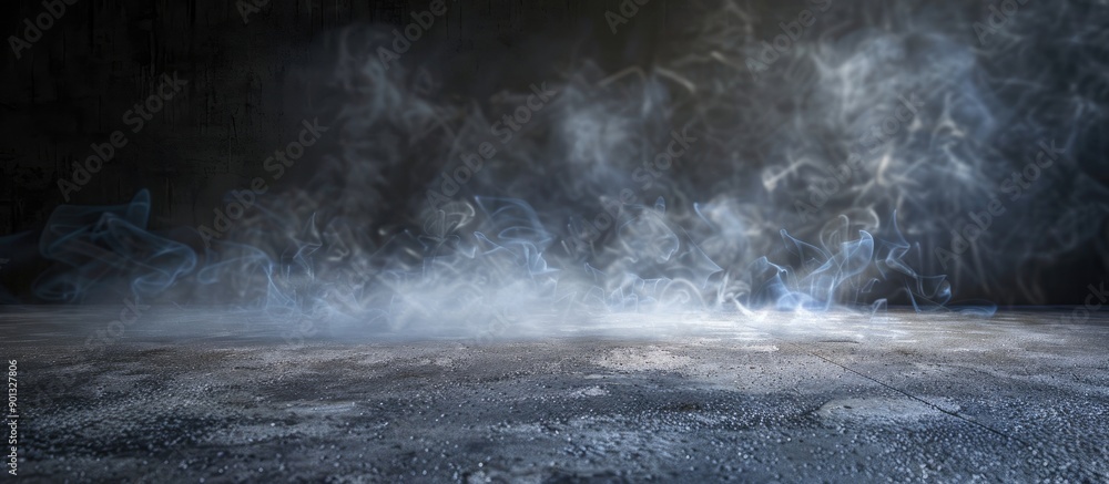 Poster smoke hovers over an empty terrazzo stone floor against a dark backdrop with copy space image availa