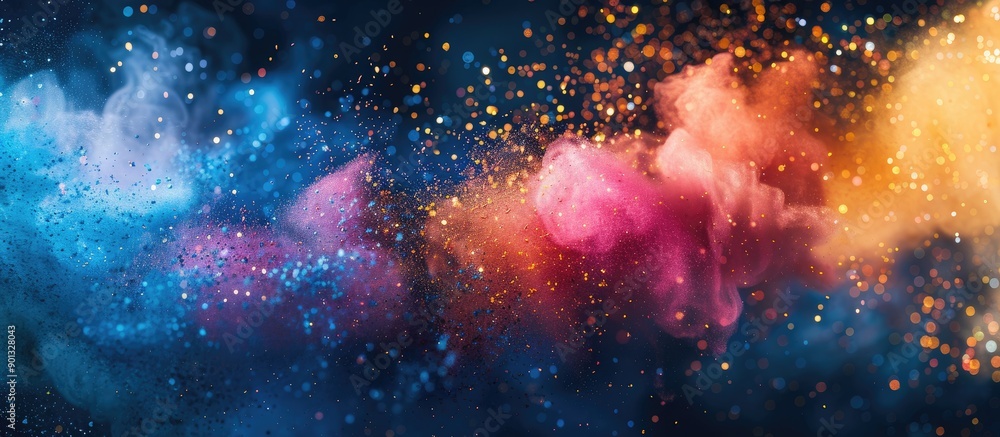 Poster color powder explosion in an abstract backdrop with multicolor glitter texture perfect for a copy sp